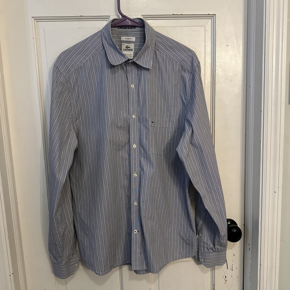 Lacoste Shirt Mens Size 42 (Lg) Striped Blue‎ Button Up Modern Fit Preppy Logo
